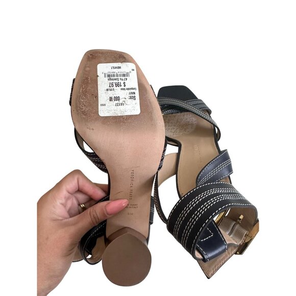 VERONICA BEARD Navy Leather Stacked Ankle Strap Heels Size 8 - Picture 7 of 8